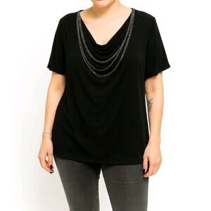 Karen Brooks Plus 1X Black Draped Chain Neck Top Goth Glam Rocker Punk NWT